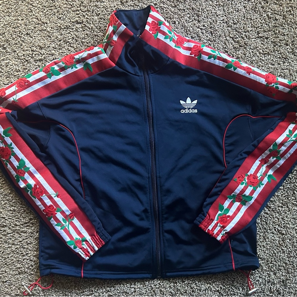Adidas Dark Blue Jacket with Red Floral Accents